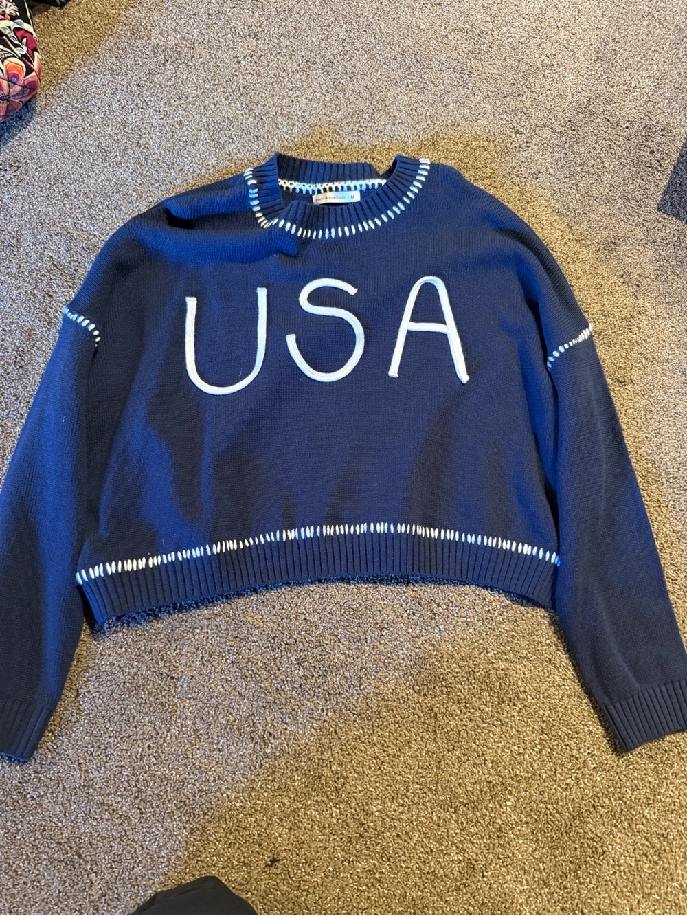 USA Graphic Navy Cropped Sweater